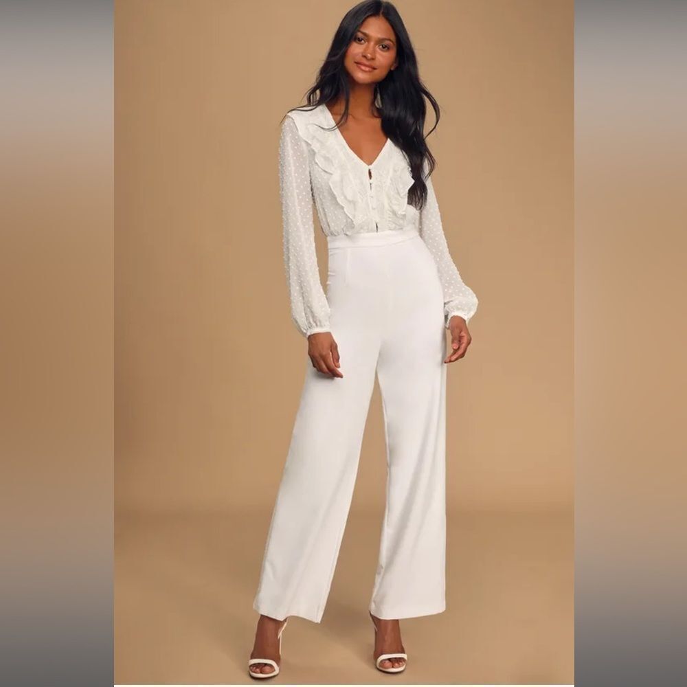 Lulus Clareese White Swiss Dot Ruffled Long Sleeve
Jumpsuit